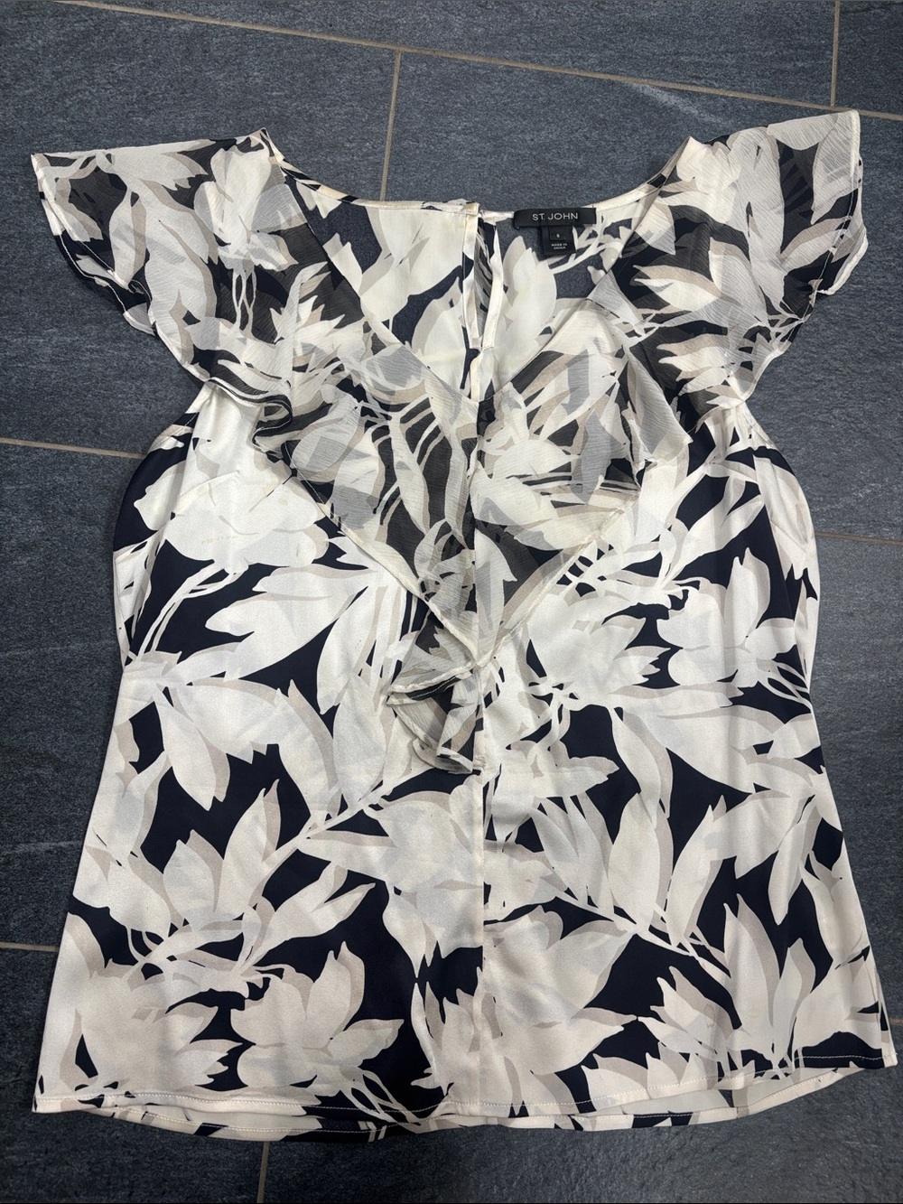 St. John Black and White Floral Ruffle neck sleeveless Blouse